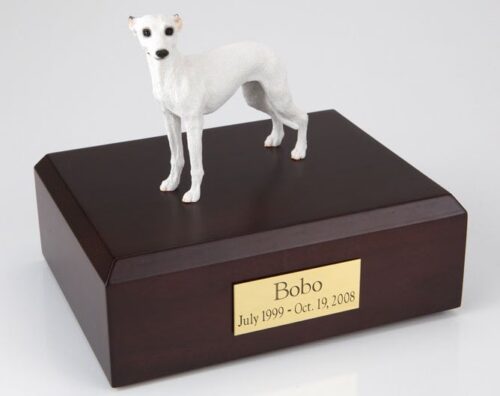Whippet figurine cremation urn w/wood box