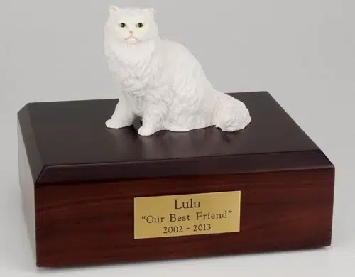 White Persian cat figurine cremation urn w/wood box