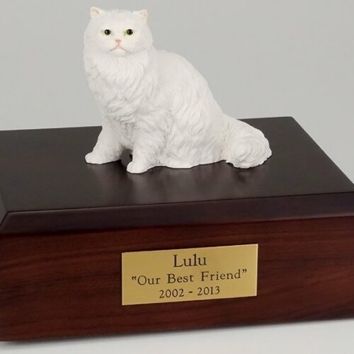 White Persian cat figurine cremation urn w/wood box