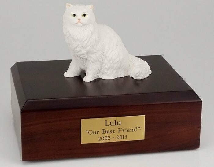 White Persian cat figurine cremation urn w/wood box