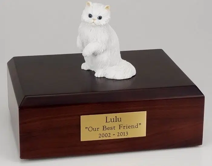 White Persian cat figurine cremation urn w/wood box