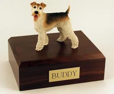 Wire Fox Terrier figurine cremation urn w/wood box