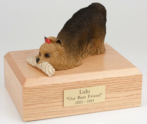 Yorkshire Terrier figurine cremation urn w/wood box