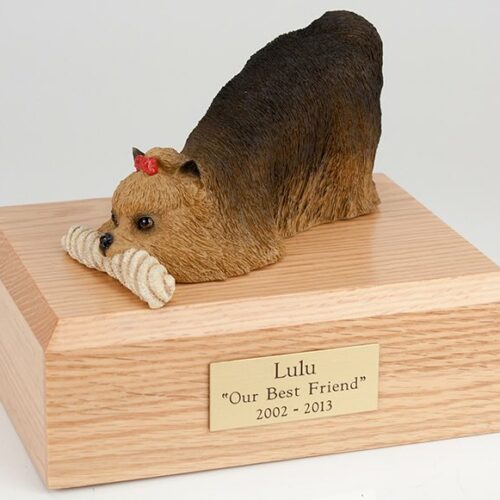 Yorkshire Terrier figurine cremation urn w/wood box