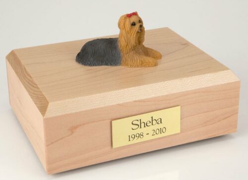 Yorkshire Terrier figurine cremation urn w/wood box