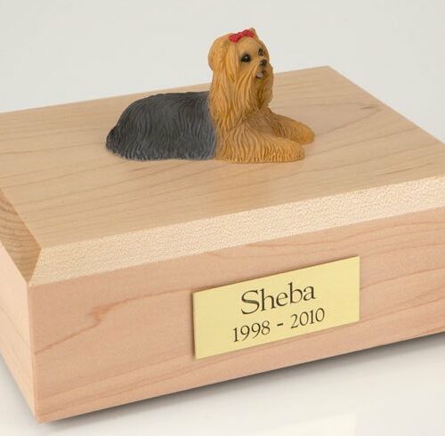 Yorkshire Terrier figurine cremation urn w/wood box