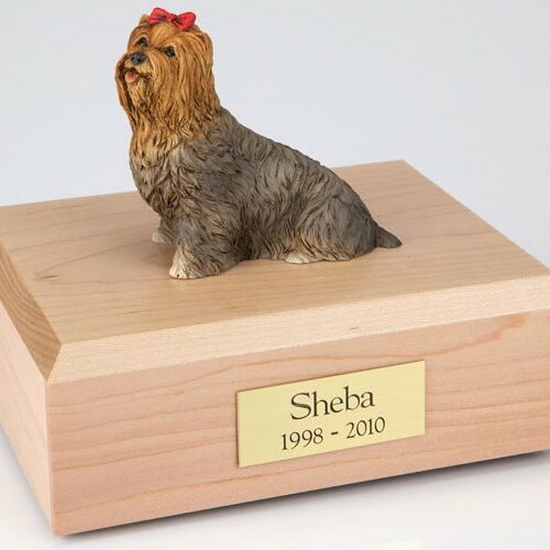 Yorkshire Terrier figurine cremation urn w/wood box