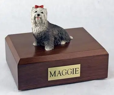 Yorkshire Terrier figurine cremation urn w/wood box