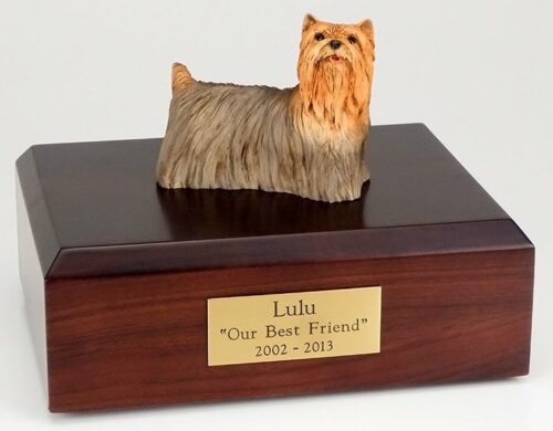 Yorkshire Terrier figurine cremation urn w/wood box