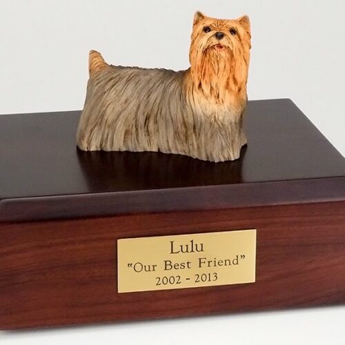 Yorkshire Terrier figurine cremation urn w/wood box