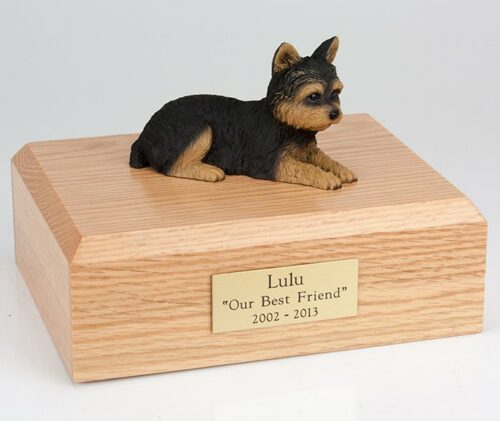 Yorkshire Terrier figurine cremation urn w/wood box