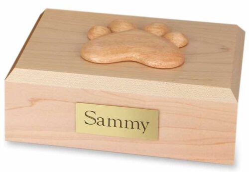 Wood pet cremation urn - maple, with paw print decoration on top