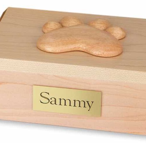 Wood pet cremation urn - maple, with paw print decoration on top