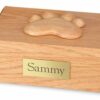 Wood pet cremation urn - oak, with paw print decoration on top