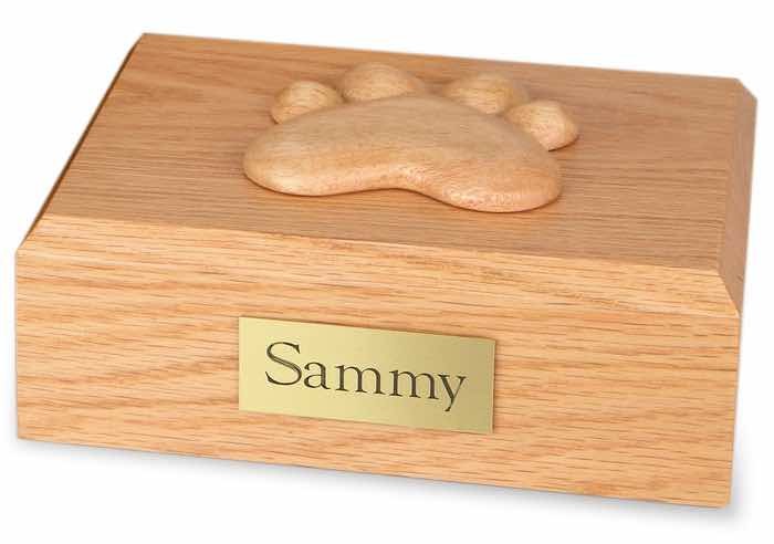 Wood pet cremation urn - oak, with paw print decoration on top