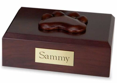 Wood pet cremation urn - walnut, with paw print decoration on top