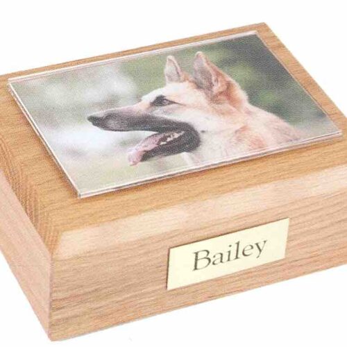 Hardwood traditional pet urn cremation box with photo holder frame on top