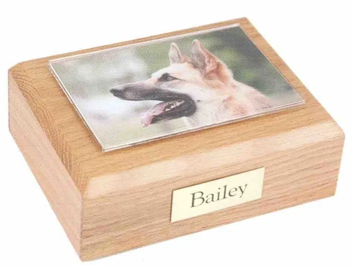 Hardwood traditional pet urn cremation box with photo holder frame on top