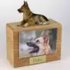 Wood cremation urn with german shepherd figurine and 4 x 6" photo holder.