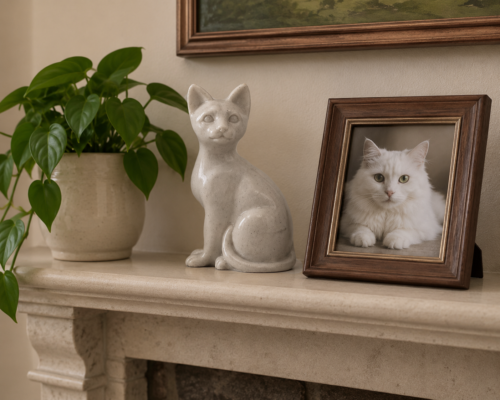 Faithful Feline cast resin and stone cat memorial cremation urn, natural, sitting