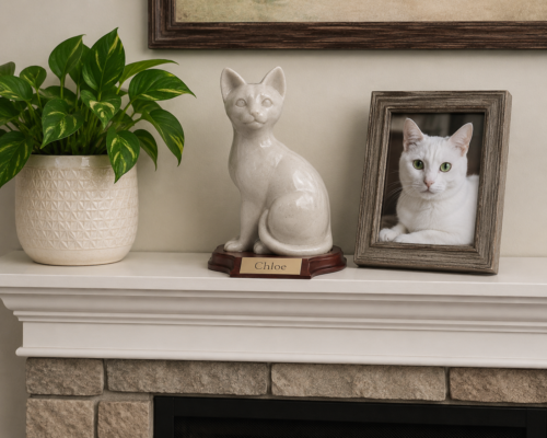 Faithful Feline cast resin and stone cat memorial cremation urn, natural, sitting, with wood base and engraved metal plate, on mantle