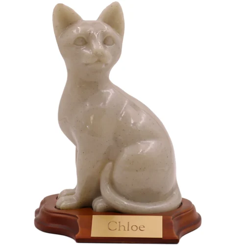 Stone and Resin Porcelain-style Cat Cremation Urn, sitting, with wood base and engraved brass plate