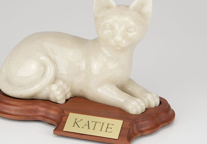 Stone and Resin Porcelain-style Cat Cremation Urn with base, laying