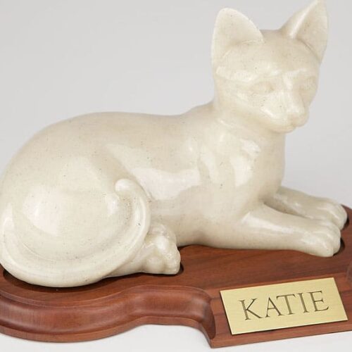 Stone and Resin Porcelain-style Cat Cremation Urn with base, laying