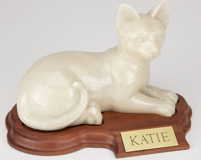 Stone and Resin Porcelain-style Cat Cremation Urn with base, laying