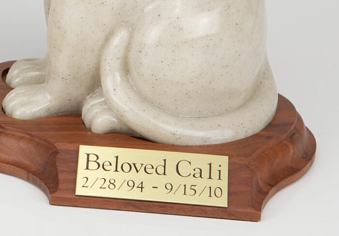 Stone and Resin Porcelain-style Cat Cremation Urn with base, sitting