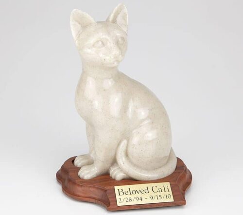 Stone and Resin Porcelain-style Cat Cremation Urn with base, sitting