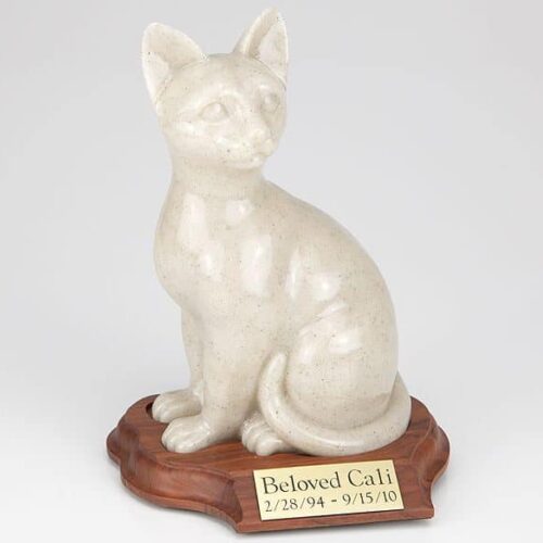 Stone and Resin Porcelain-style Cat Cremation Urn with base, sitting