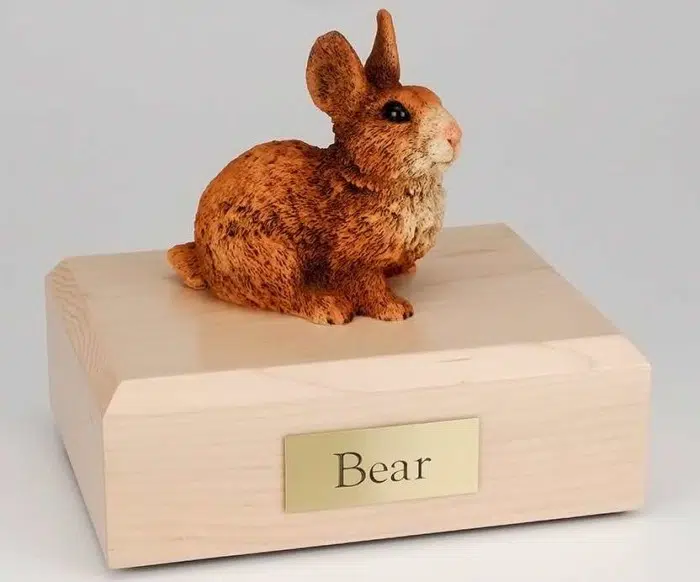 Brown & White rabbit cremation figurine urn for pet's ashes