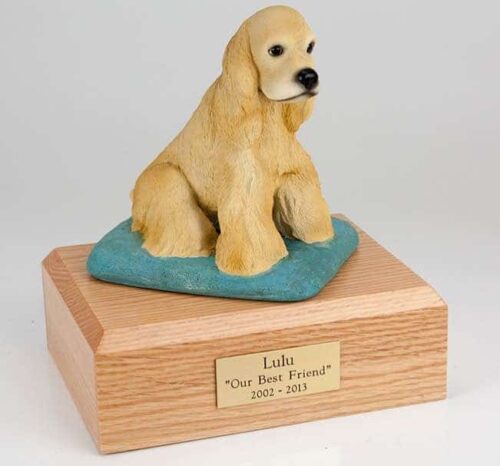Blond (yellow) Cocker Spaniel figurine cremation urn w/wood box