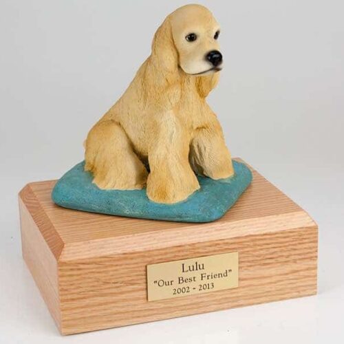 Blond (yellow) Cocker Spaniel figurine cremation urn w/wood box