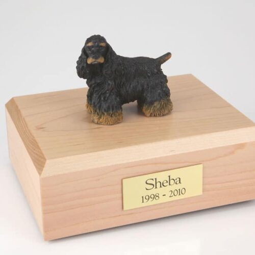 Black & Brown Cocker Spaniel figurine cremation urn w/wood box