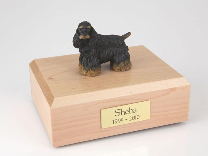 Black & Brown Cocker Spaniel figurine cremation urn w/wood box