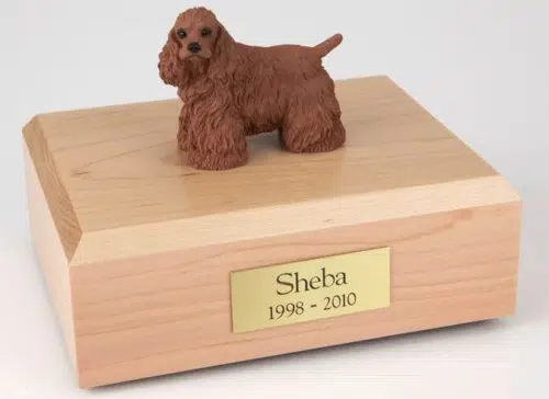 Brown Cocker Spaniel figurine cremation urn w/wood box