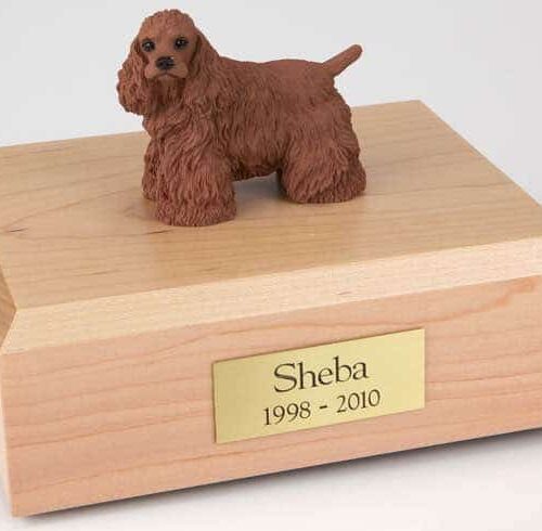 Brown Cocker Spaniel figurine cremation urn w/wood box