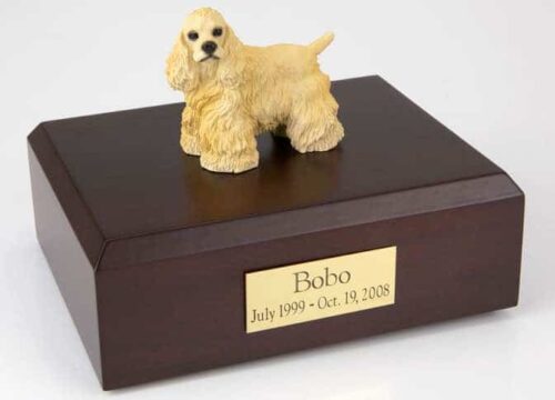 Blond (yellow) Cocker Spaniel figurine cremation urn w/wood box