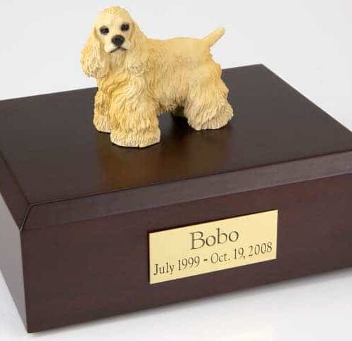 Blond (yellow) Cocker Spaniel figurine cremation urn w/wood box