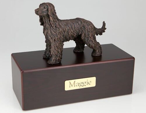 Bronze style Afghan Hound figurine cremation urn on wood box