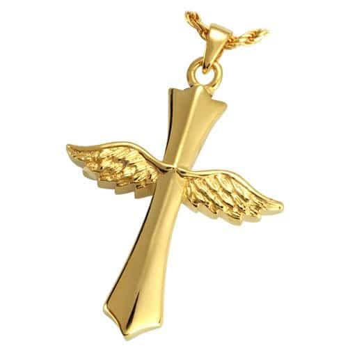 Winged Cross Cremation Pendant, Gold Plated