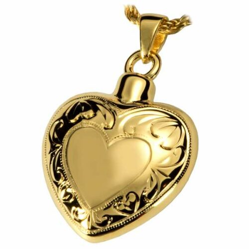 18k Gold Plate Double Etched Cremation Heart Pendant