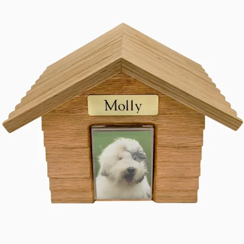 K9 Cottage doghouse pet urn, oak finish