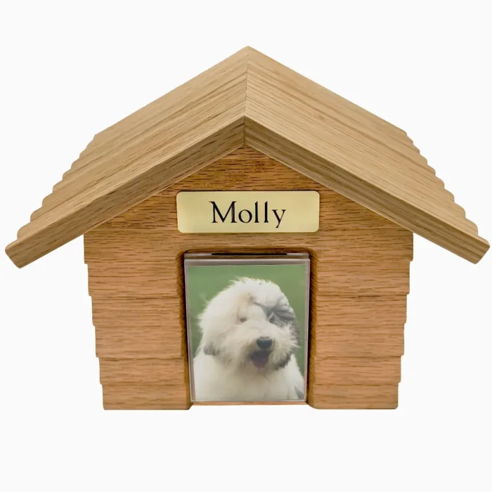 K9 Cottage doghouse pet urn, oak finish