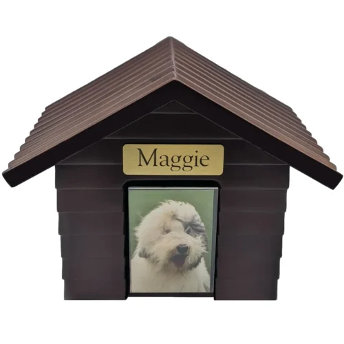 K9 Cottage doghouse pet urn, walnut finish