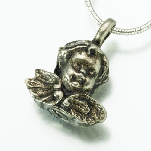 Antique Cherub Cremation Pendant, white bronze, 123WB