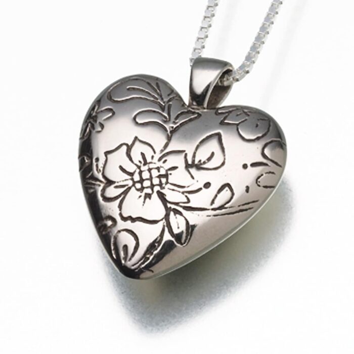 Floral Heart Cremation Pendant, white bronze, 149WB