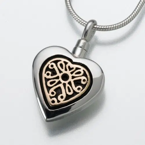 Heart Cremation Pendant with Filigree Insert, Sterling silver with gold, 161SK